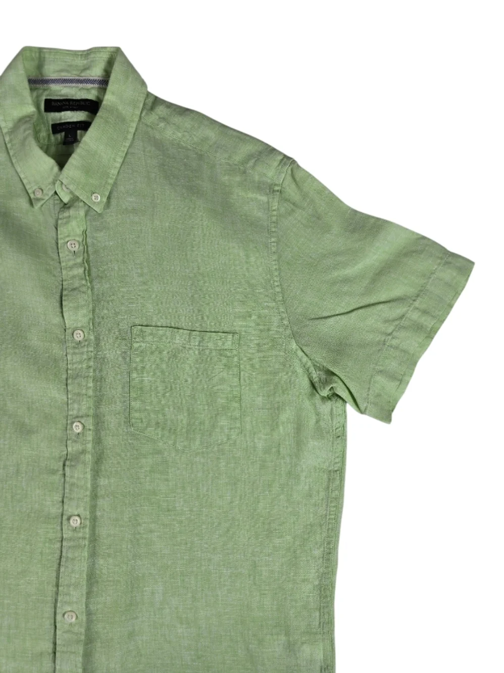 Banana Republic Camden Fit Linen Light Green Short Sleeve Button Down Large